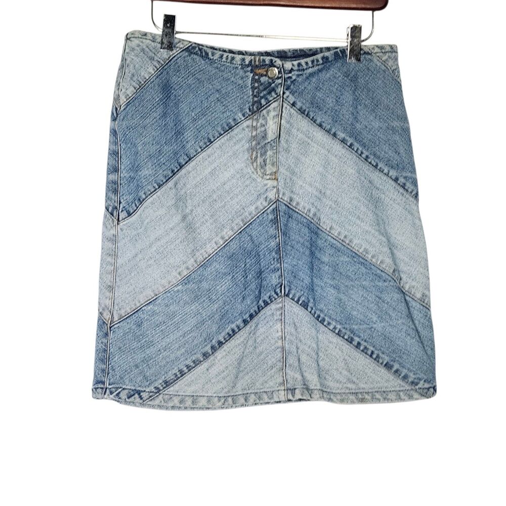 Y2K Faded Glory Women's Mixed Denim Patchwork Mini Skirt Blue Chevron Size 6 VTG